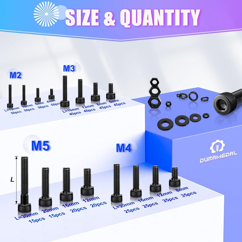 Duramedal 2240PCS Metric Screw Assortment,M2-M5 Metric Screw Kit, Hex Socket Metric Bolts, Metric Machine Screws 12.9 Grade Alloy Steel,Black Zinc Plated,Free Allen Head Wrench - Image 2